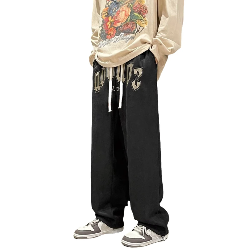 Men Embroidered Drawstring Sweatpants Loose Fashionable Straight Leg Casual Pants with Pocket Black XL