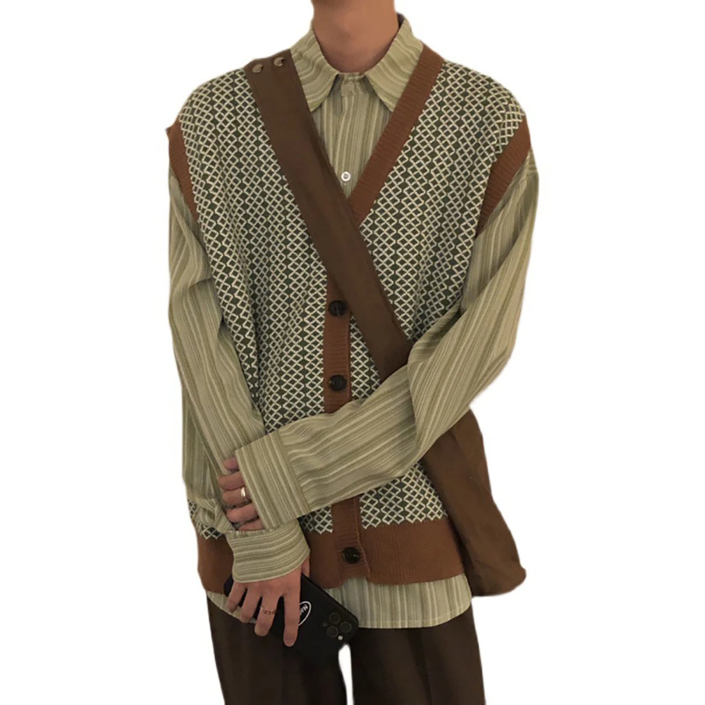 Men Sleeveless Sweater Vest V Neck Loose Vintage Knitted Cardigan Fashionable Casual Style Brown L