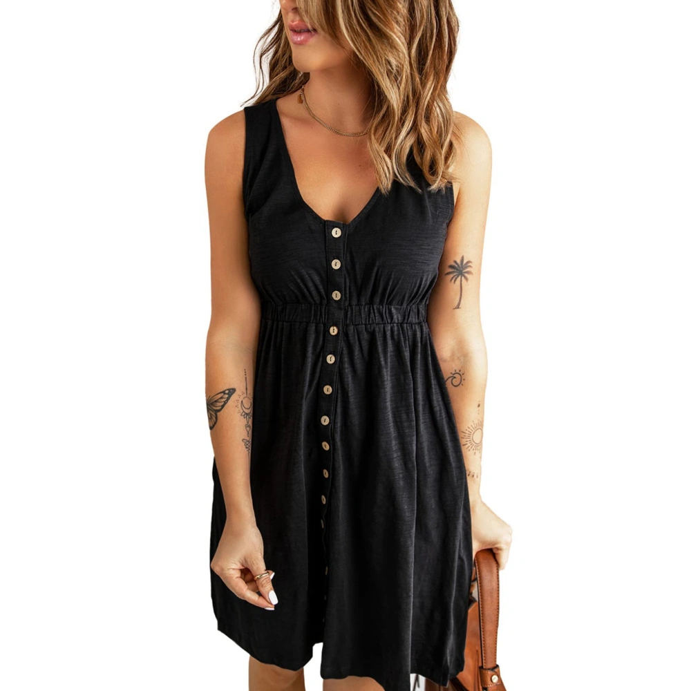 Women Short Dress V Neck Front Single Breasted Elastic Waist Sleeveless Dress for Summer Wear Black XL