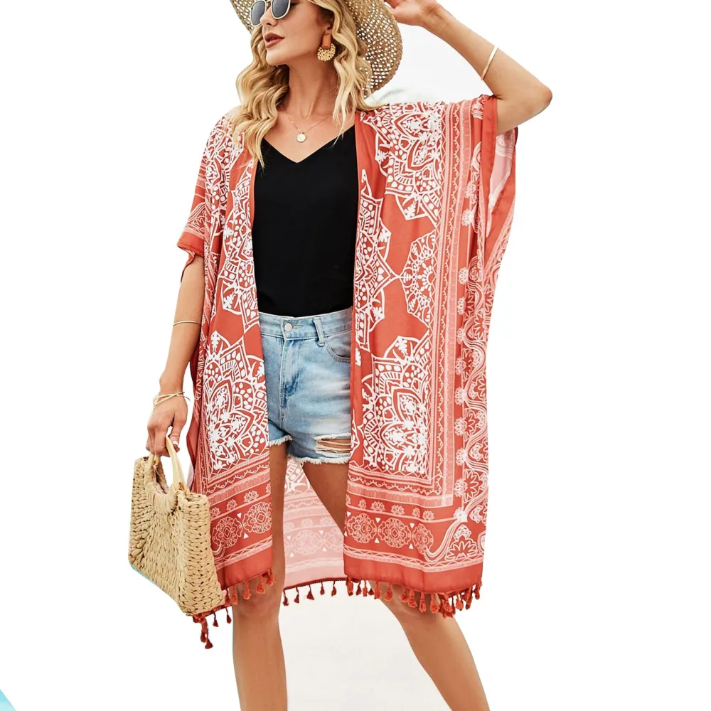 Women Half Sleeve Beach Cover Up Flowy Sun Protection Printed Quick Dry Split Hem Bikini Sheer Mesh Cover Up Red Orange Free Size