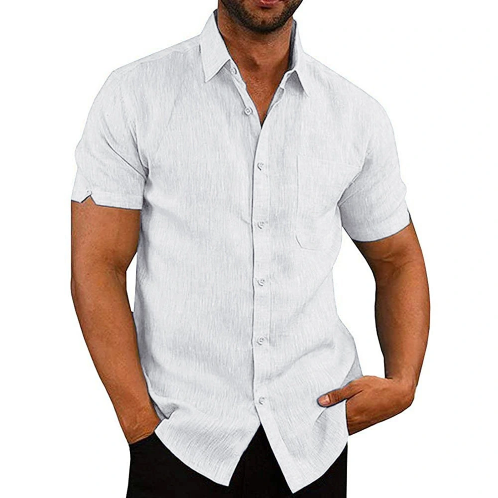 Men Regular Fit Shirt Casual Single Breasted Turn Down Collar Short Sleeve Pure Color Chest Pockets Summer Shirt White L