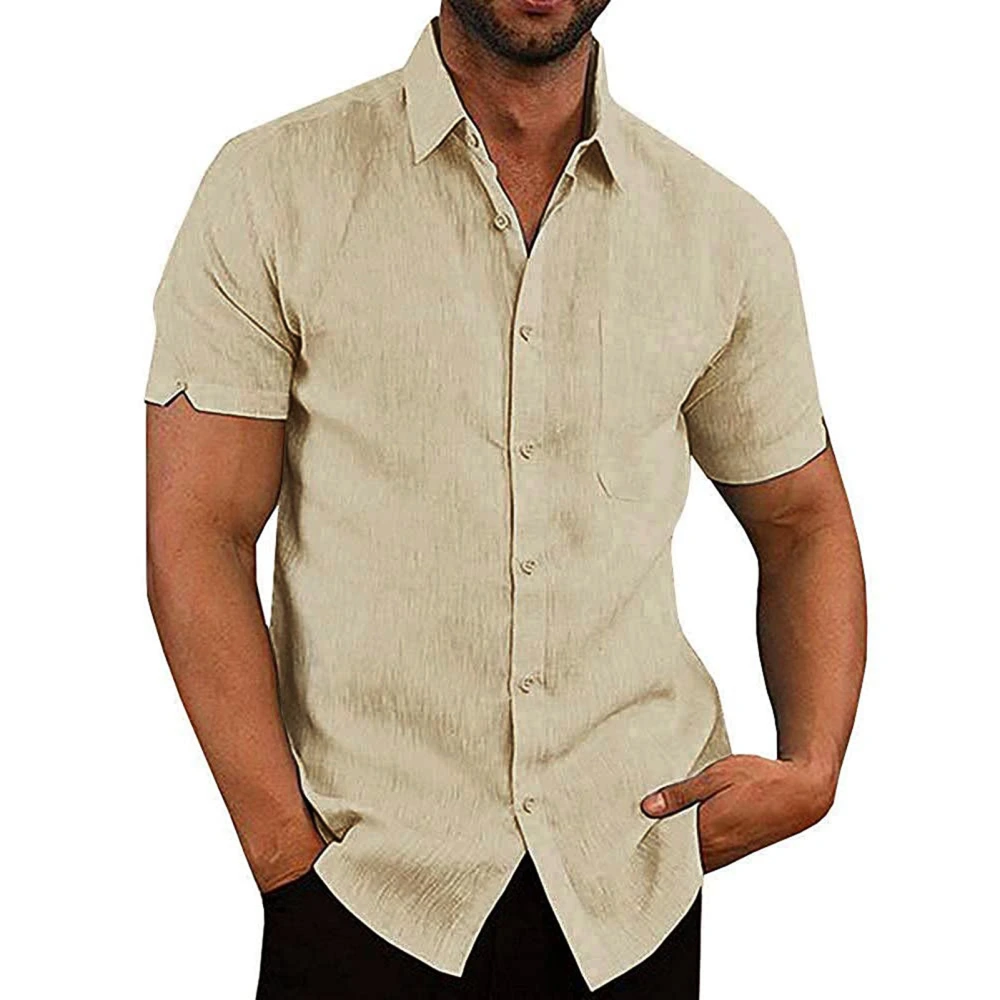 Men Regular Fit Shirt Casual Single Breasted Turn Down Collar Short Sleeve Pure Color Chest Pockets Summer Shirt Apricot XL