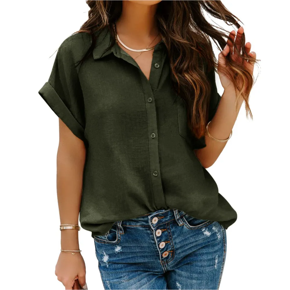 Women Turn Down Collar Shirt Single Breasted Pure Color Short Sleeve Loose Hem Shirt Top OD Green S