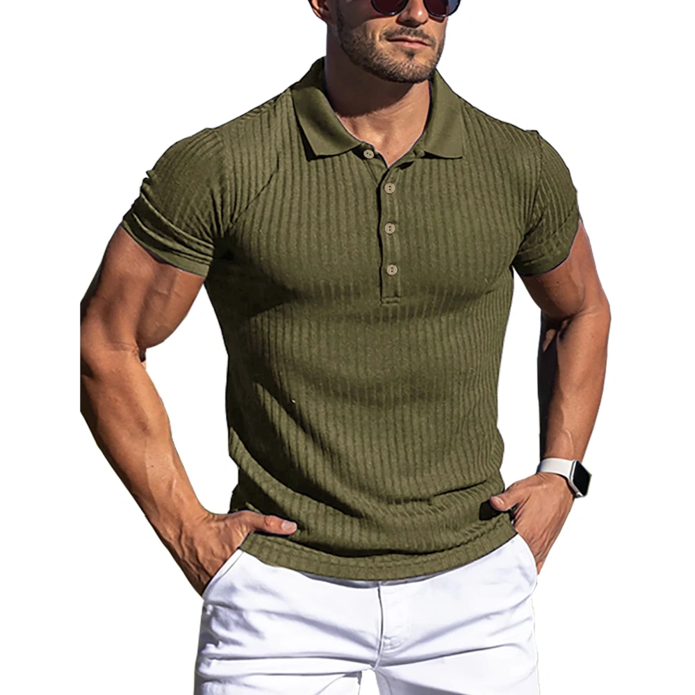 Men Short Sleeve Muscle Shirts Turn Down Collar Pure Color Striped Slim Fitting Workout Shirt OD Green XL