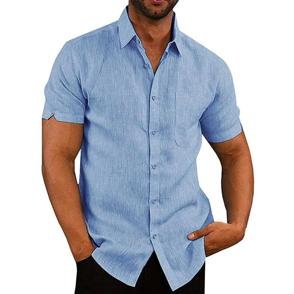 Men Regular Fit Shirt Casual Single Breasted Turn Down Collar Short Sleeve Pure Color Chest Pockets Summer Shirt Blue XL