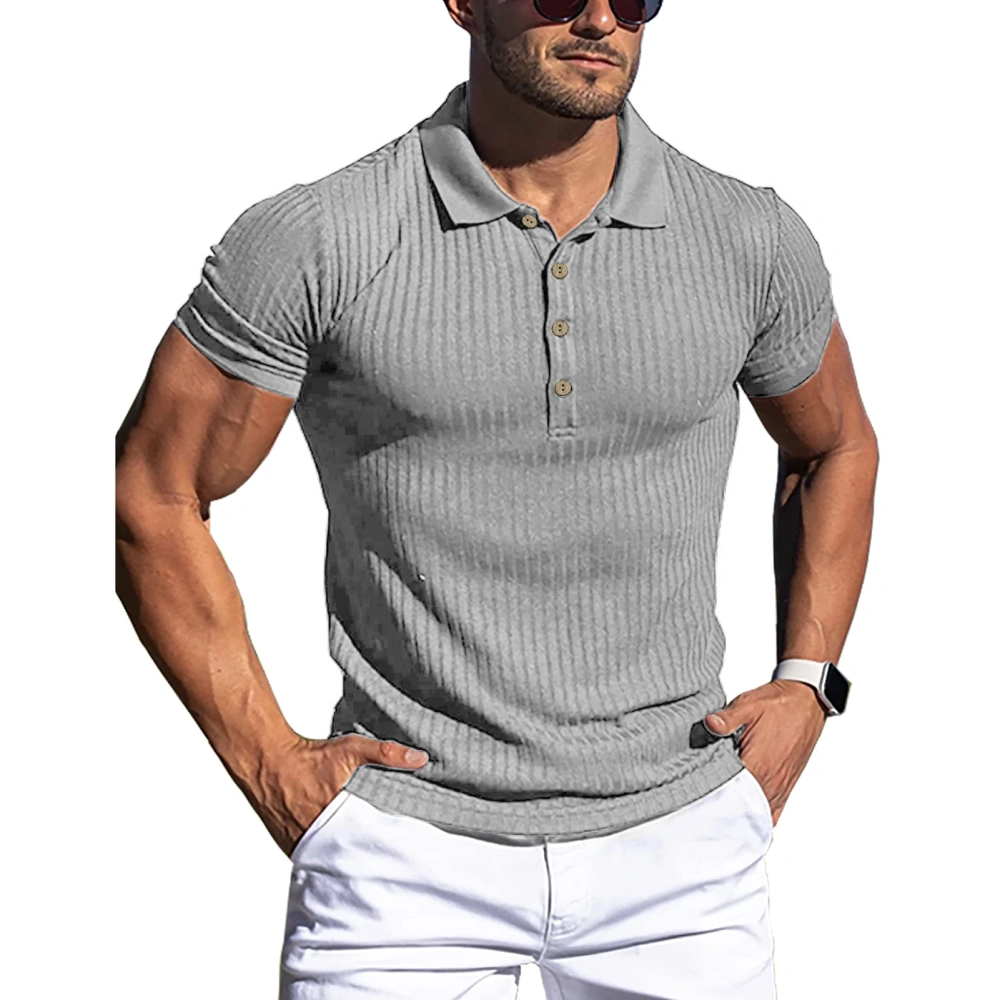 Men Short Sleeve Muscle Shirts Turn Down Collar Pure Color Striped Slim Fitting Workout Shirt Grey S