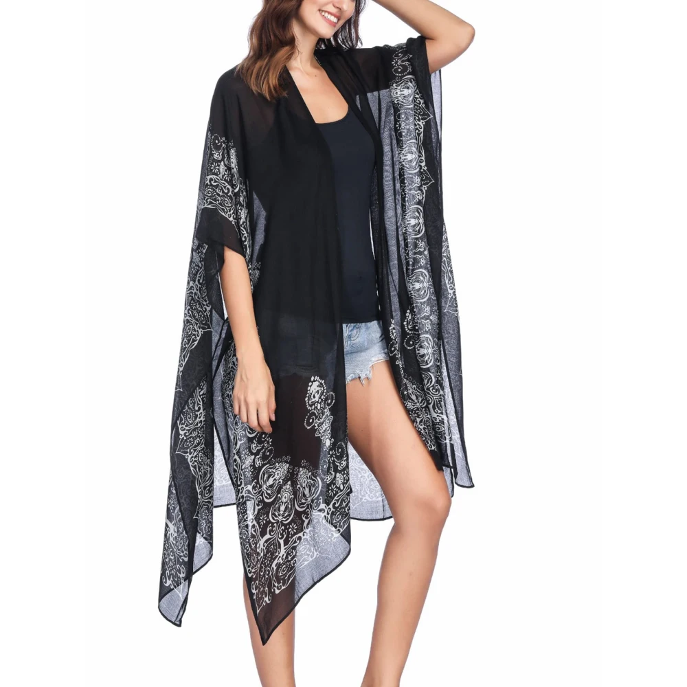 Women Half Sleeve Beach Cover Up Flowy Sun Protection Printed Quick Dry Split Hem Bikini Sheer Mesh Cover Up Black Free Size