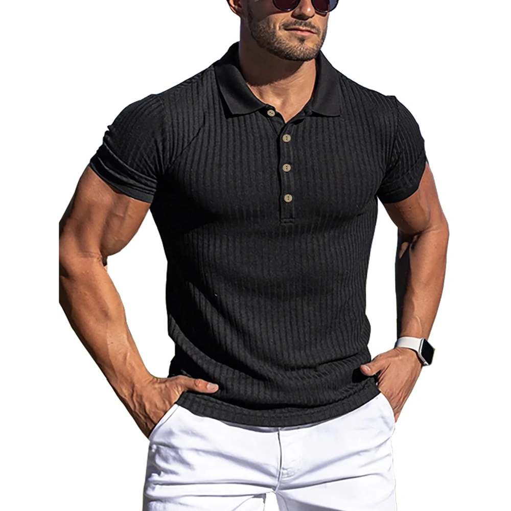 Men Short Sleeve Muscle Shirts Turn Down Collar Pure Color Striped Slim Fitting Workout Shirt Black XXL