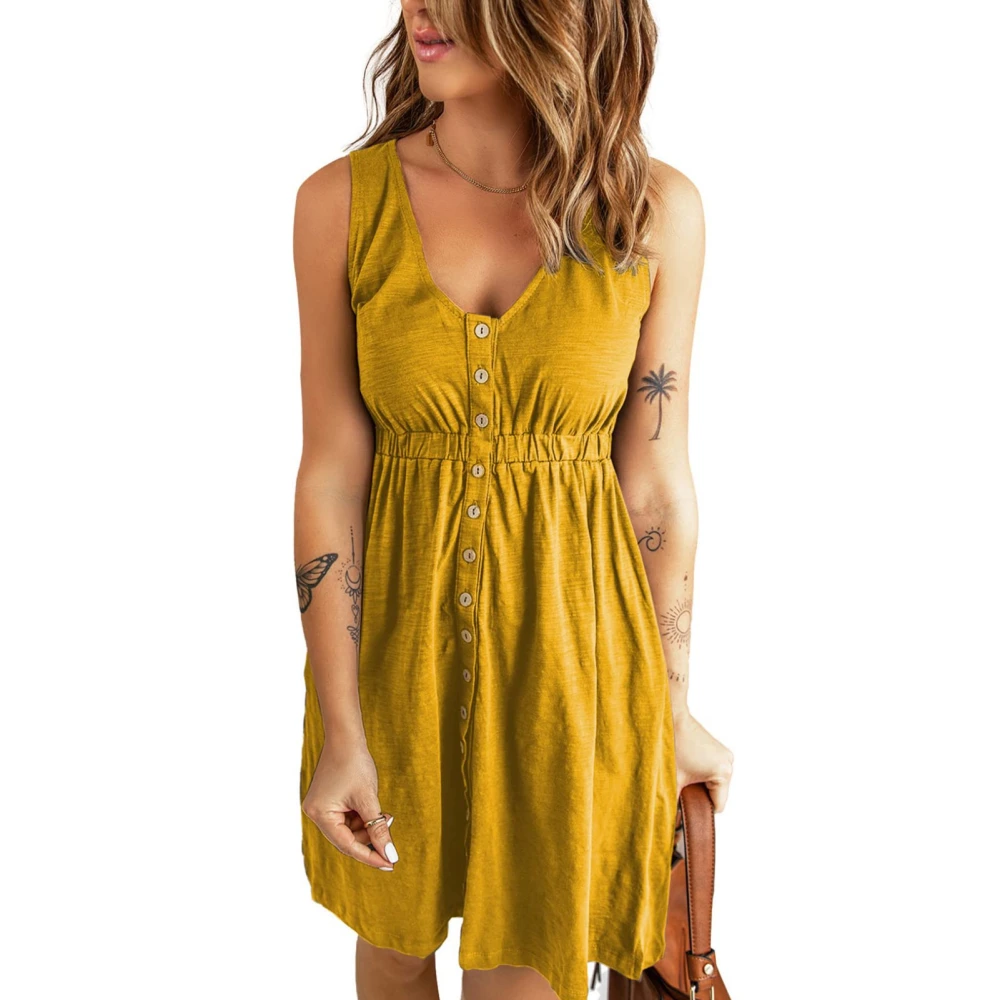 Women Short Dress V Neck Front Single Breasted Elastic Waist Sleeveless Dress for Summer Wear Yellow XL