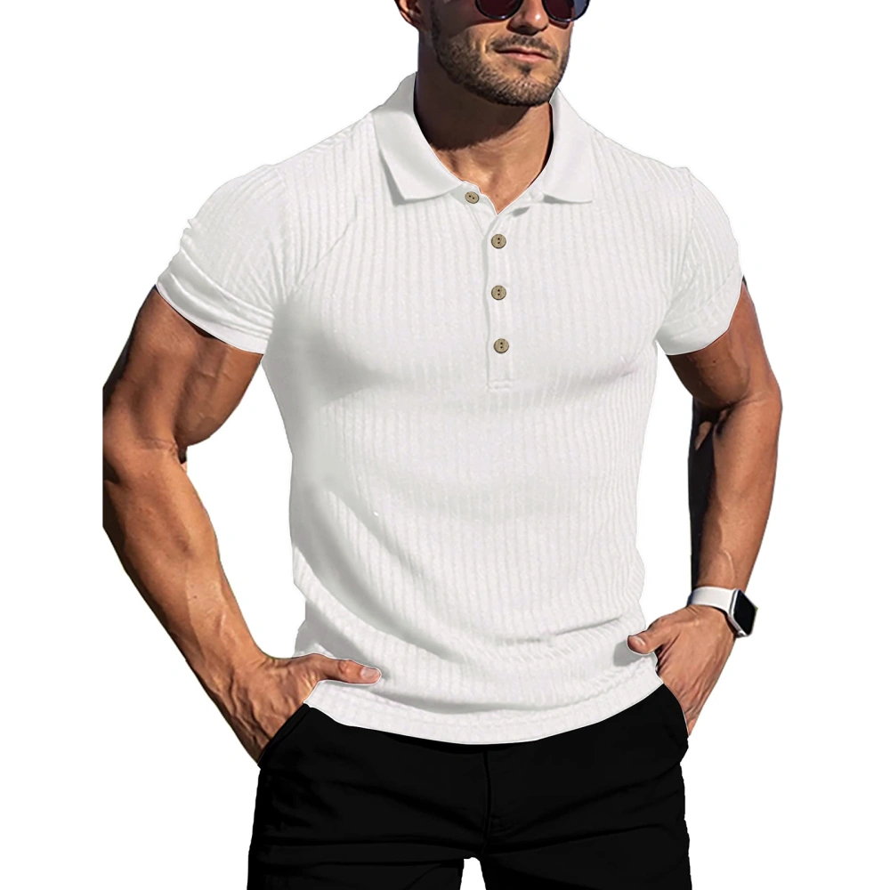 Men Short Sleeve Muscle Shirts Turn Down Collar Pure Color Striped Slim Fitting Workout Shirt White XL