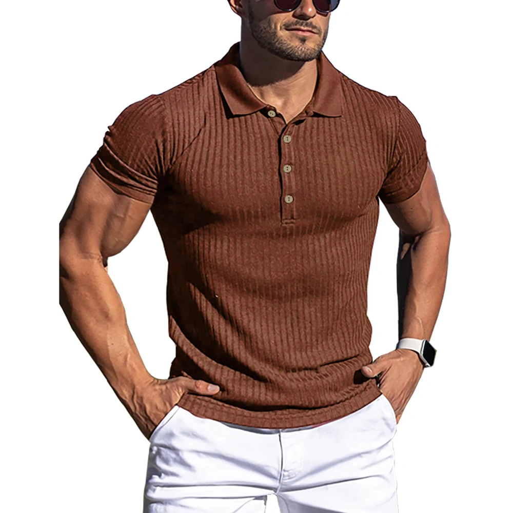 Men Short Sleeve Muscle Shirts Turn Down Collar Pure Color Striped Slim Fitting Workout Shirt Brown S