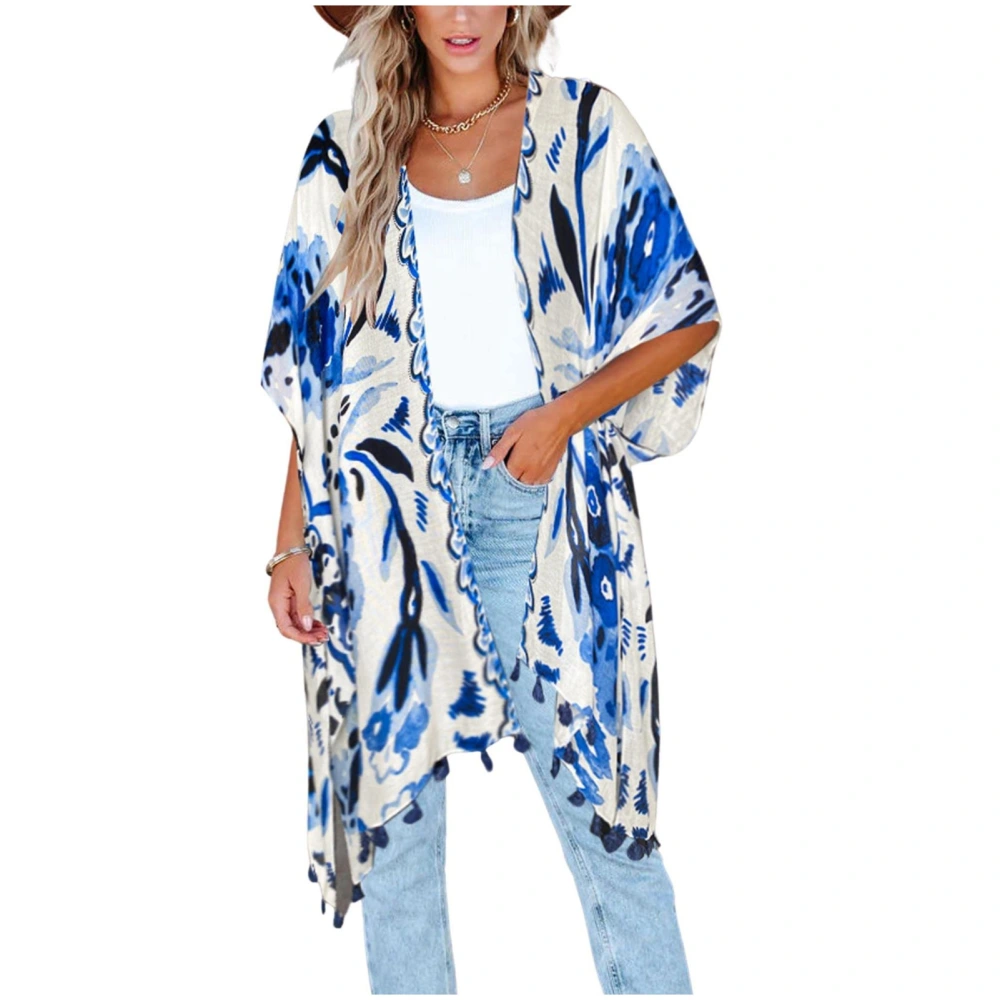 Women Half Sleeve Beach Cover Up Flowy Sun Protection Printed Quick Dry Split Hem Bikini Sheer Mesh Cover Up Blue Free Size