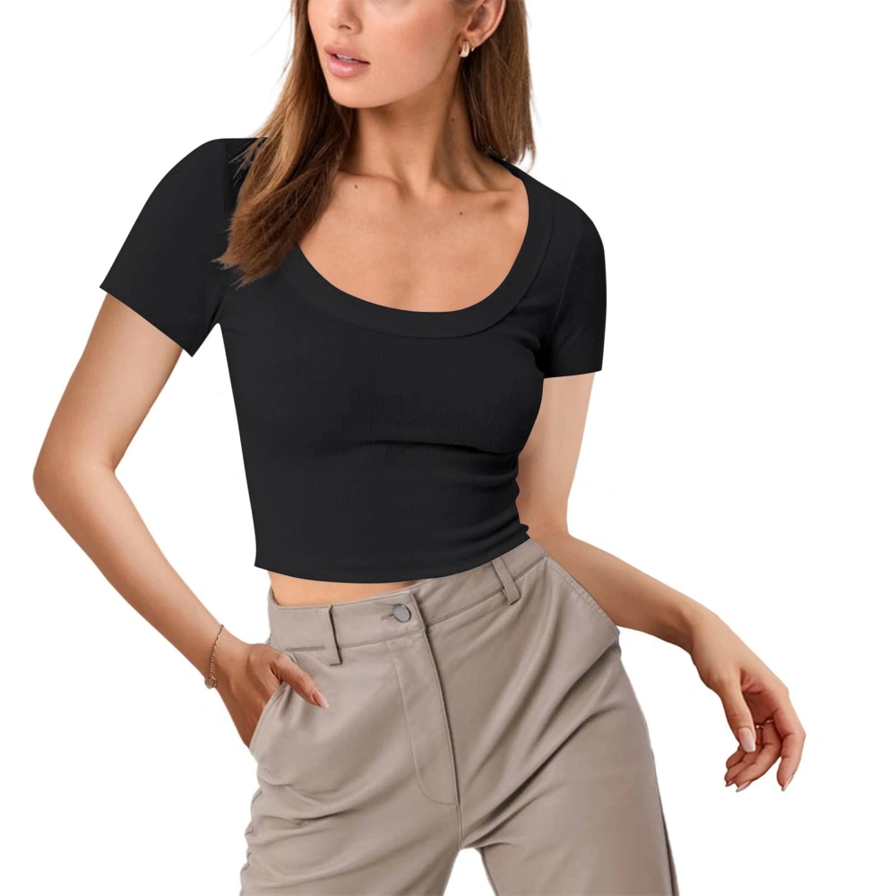 Short Sleeve Crewneck Top Women Fashionable Elegant Slim Fit Pure Color Rib Knit Shirt for Office Work Black M