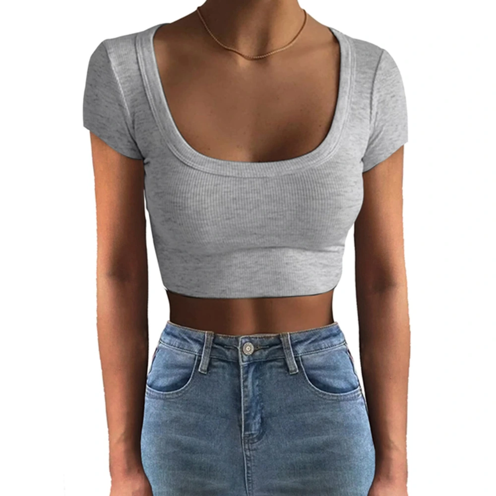 Short Sleeve Crewneck Top Women Fashionable Elegant Slim Fit Pure Color Rib Knit Shirt for Office Work Gray S