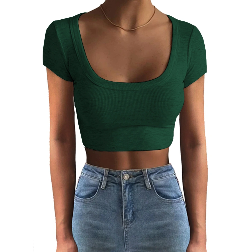 Short Sleeve Crewneck Top Women Fashionable Elegant Slim Fit Pure Color Rib Knit Shirt for Office Work OD Green S