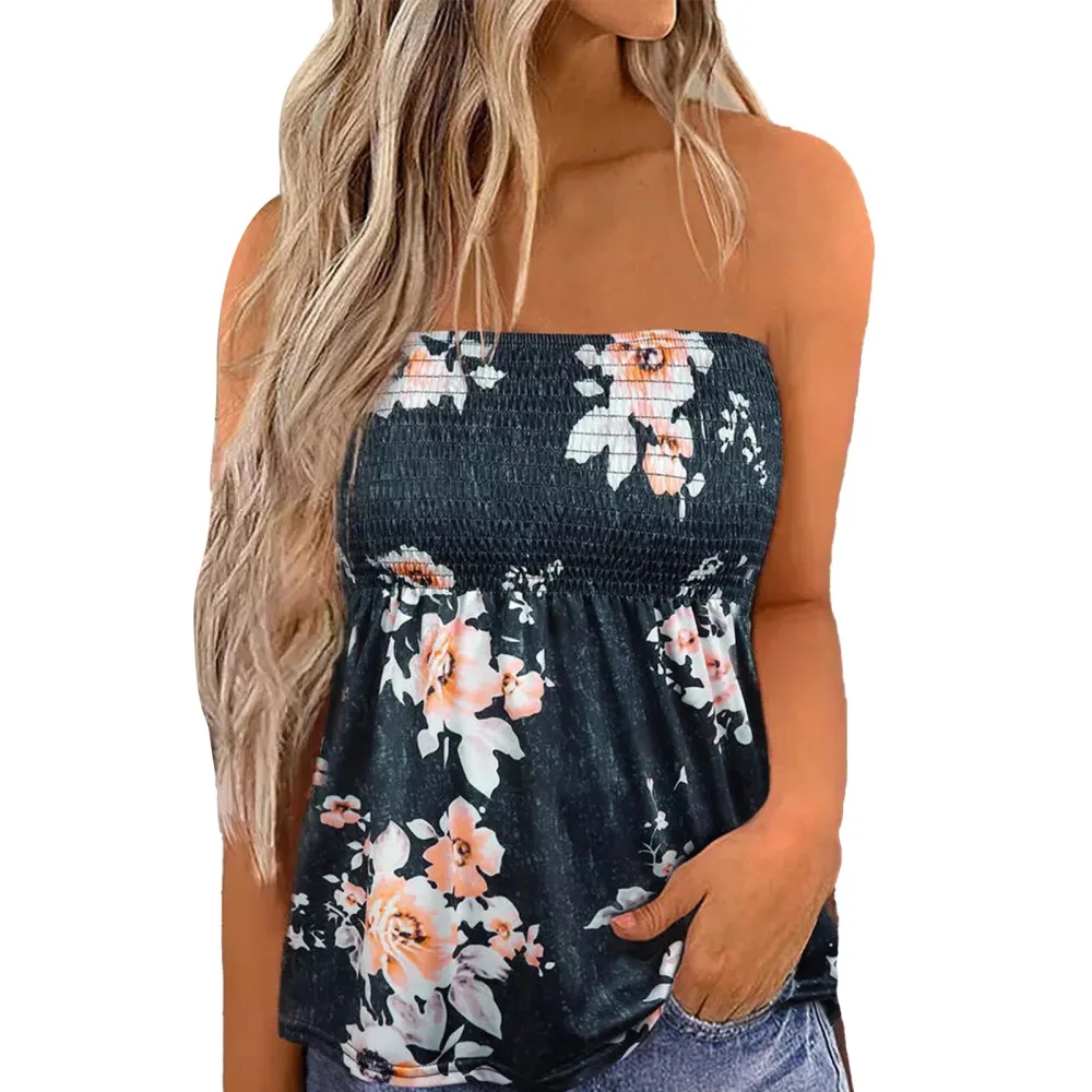 Women Strapless Shirred Tube Top Pleated Floral Printed Sleeveless Blouse for Female Purplish Blue M