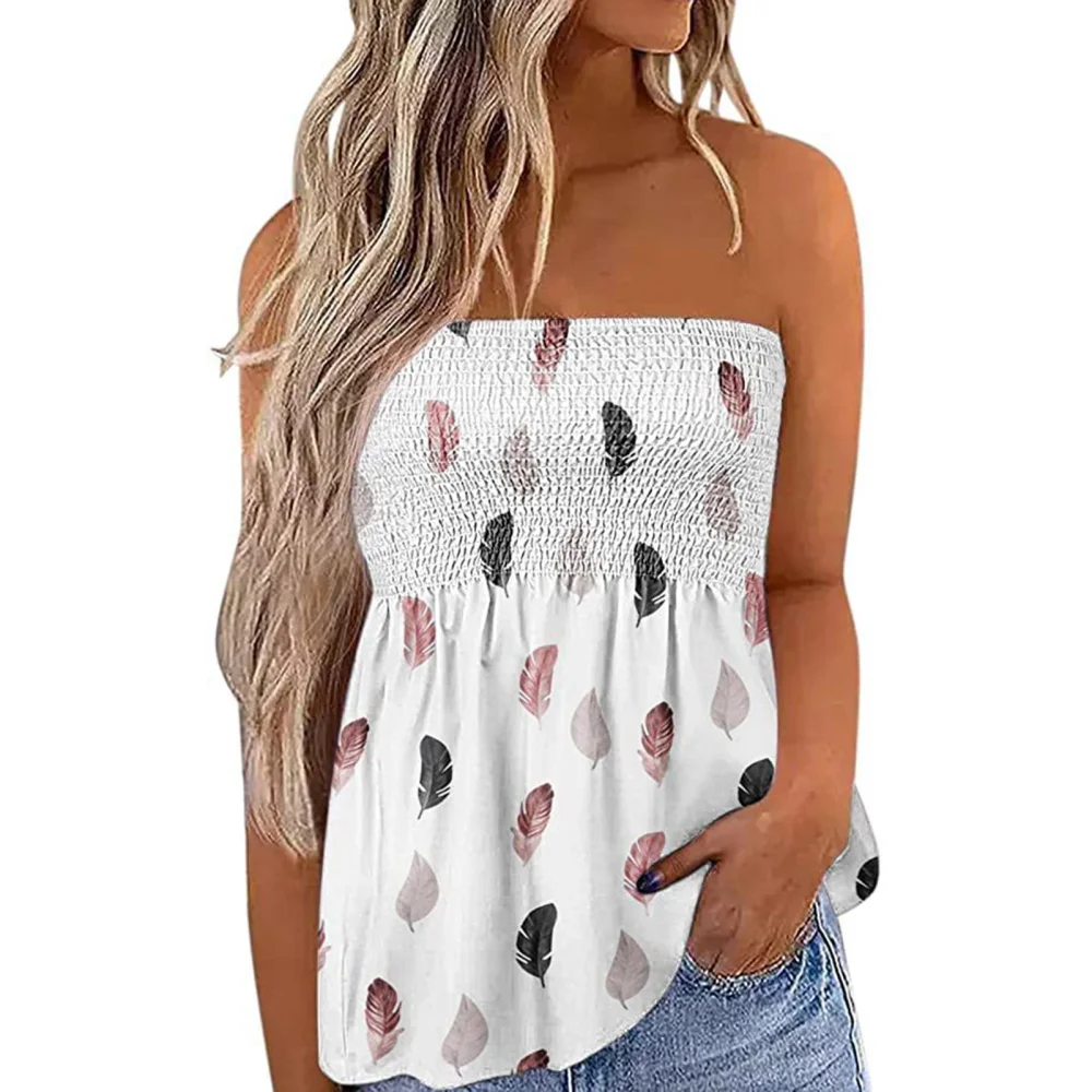 Women Strapless Shirred Tube Top Pleated Floral Printed Sleeveless Blouse for Female White S