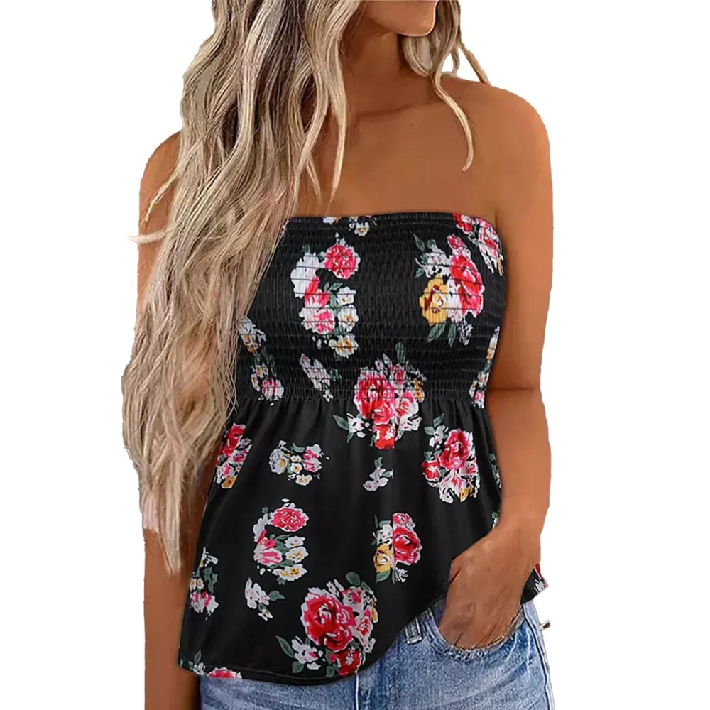 Women Strapless Shirred Tube Top Pleated Floral Printed Sleeveless Blouse for Female Black XXL