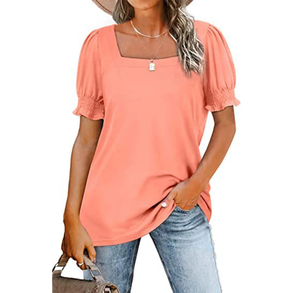 Women Square Neck Short Sleeve Top Shirred Plain Pattern Loose Soft Breathable Summer T Shirt Pink XL