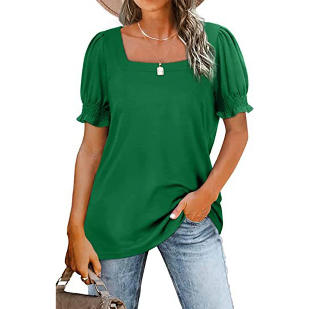 Women Square Neck Short Sleeve Top Shirred Plain Pattern Loose Soft Breathable Summer T Shirt Green S