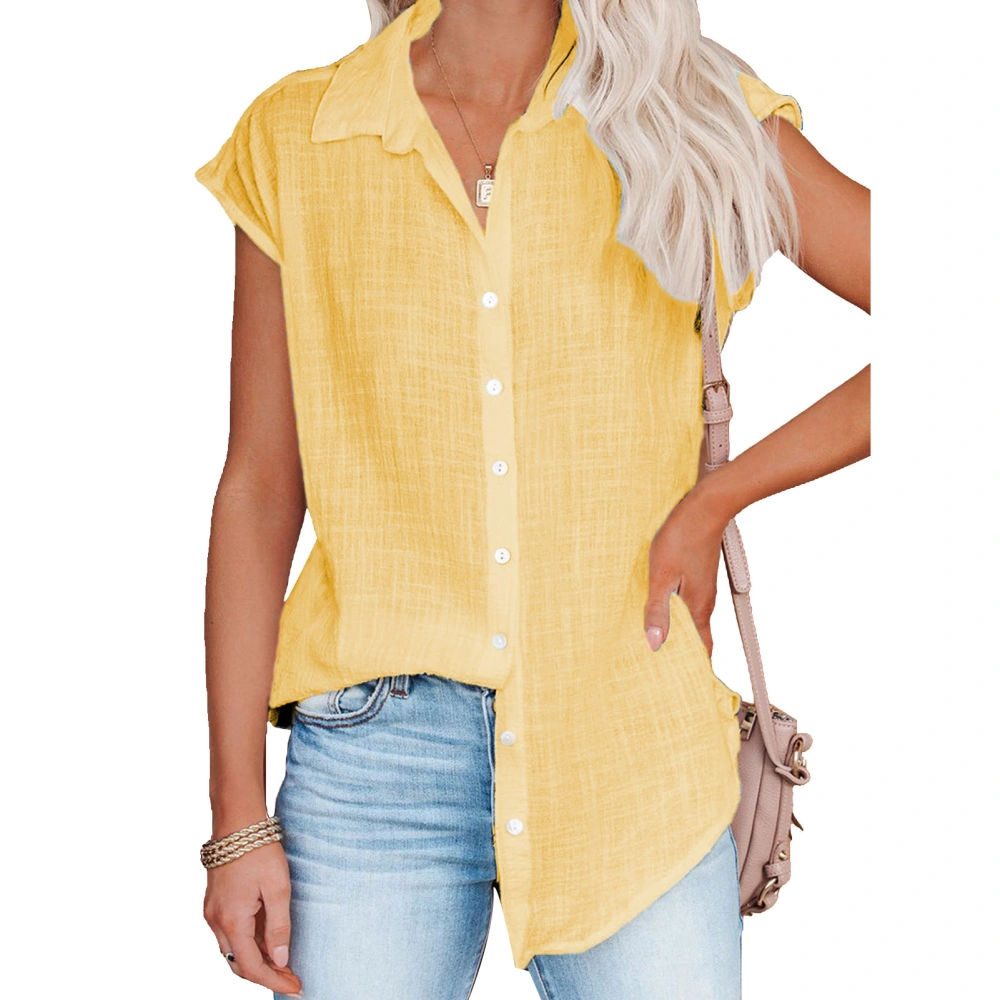 Women Button Up Shirt Short Sleeve Pure Bright Color Loose Casual Women Short Sleeve Blouse for Outing Office Party Yellow S