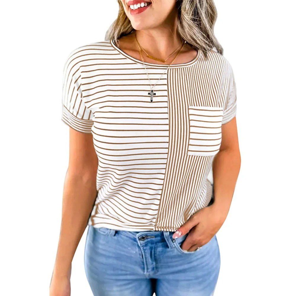 Women T Shirt Short Sleeve Strip Pattern Crew Neck Comfortable Top for Summer Travel PWW067-Brown M