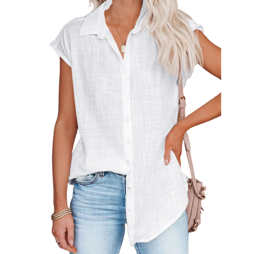 Women Button Up Shirt Short Sleeve Pure Bright Color Loose Casual Women Short Sleeve Blouse for Outing Office Party White XXL