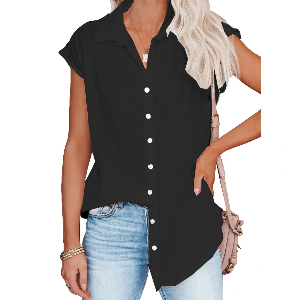 Women Button Up Shirt Short Sleeve Pure Bright Color Loose Casual Women Short Sleeve Blouse for Outing Office Party Black XL