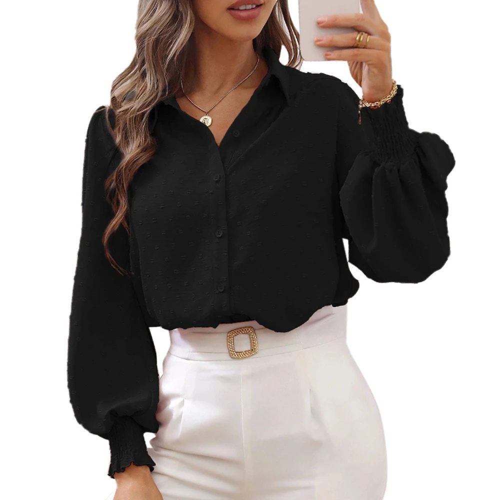 Puff Sleeve Shirt Turn Down Collar Loose Comfortable Long Sleeve Pure Color Shirt for Office Work Home Leisure Black M