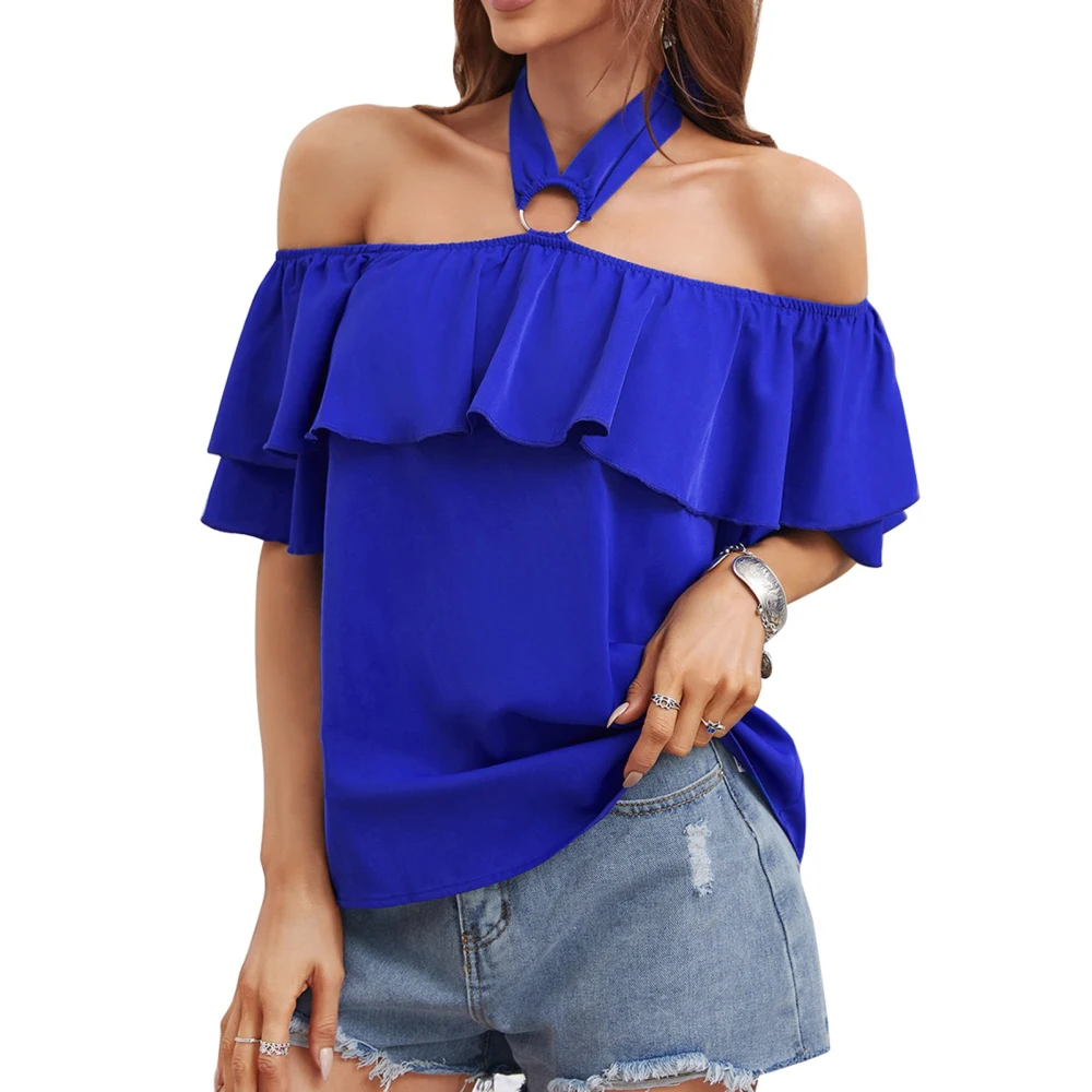 Women Pure Color Halter Top Elegant Loose Hem Ruffle Off Shoulder Shirt Blouse for Dating Party Blue XS