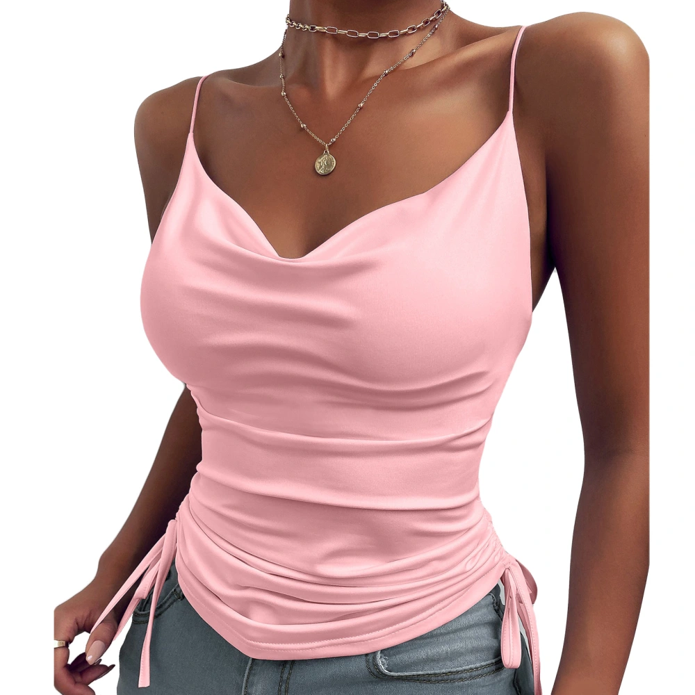 Women Slim Fit Deep V Neck Camisole Tank Top Plain Color Drawstring Spaghetti Strap Sleeveless Shirt Pink XXL