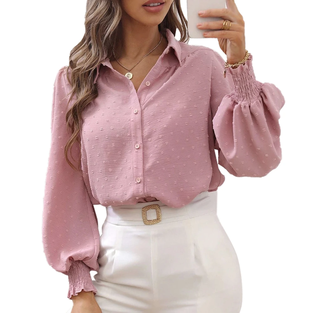 Puff Sleeve Shirt Turn Down Collar Loose Comfortable Long Sleeve Pure Color Shirt for Office Work Home Leisure Pale Pinkish Grey XL