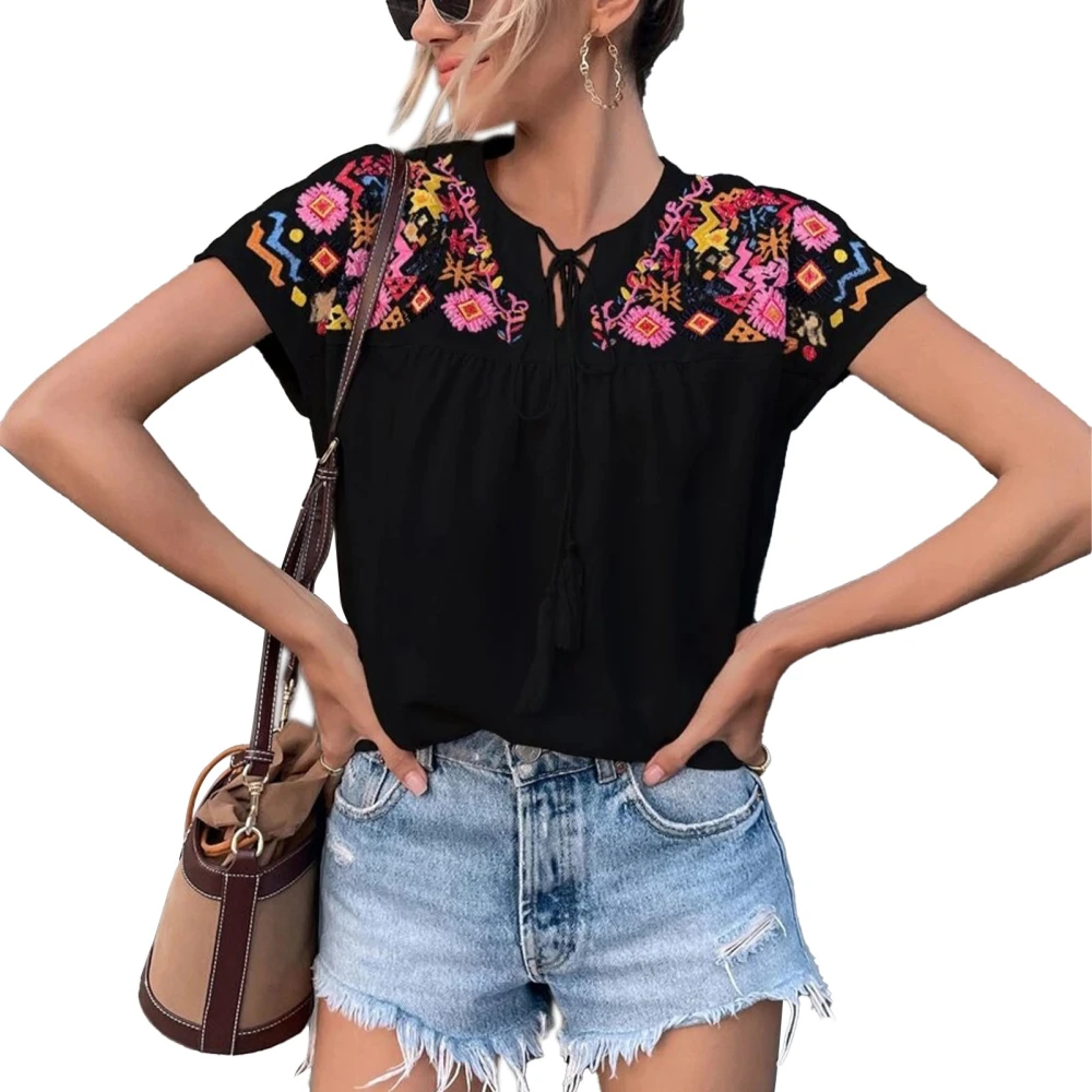 Women Short Sleeve Embroidered Blouse Tops Summer Fashionable Vintage Tassel Lace Up Women Short Sleeve Casual Blouse Black S