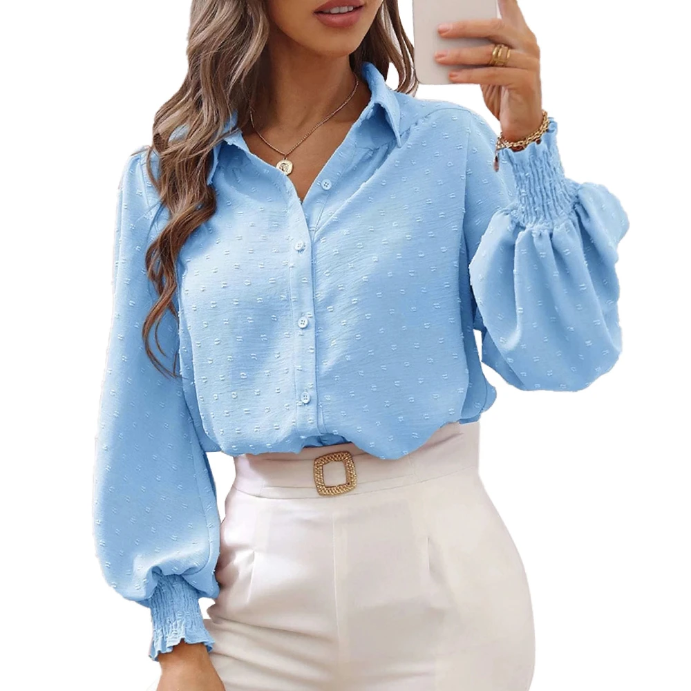 Puff Sleeve Shirt Turn Down Collar Loose Comfortable Long Sleeve Pure Color Shirt for Office Work Home Leisure Pink Blue S