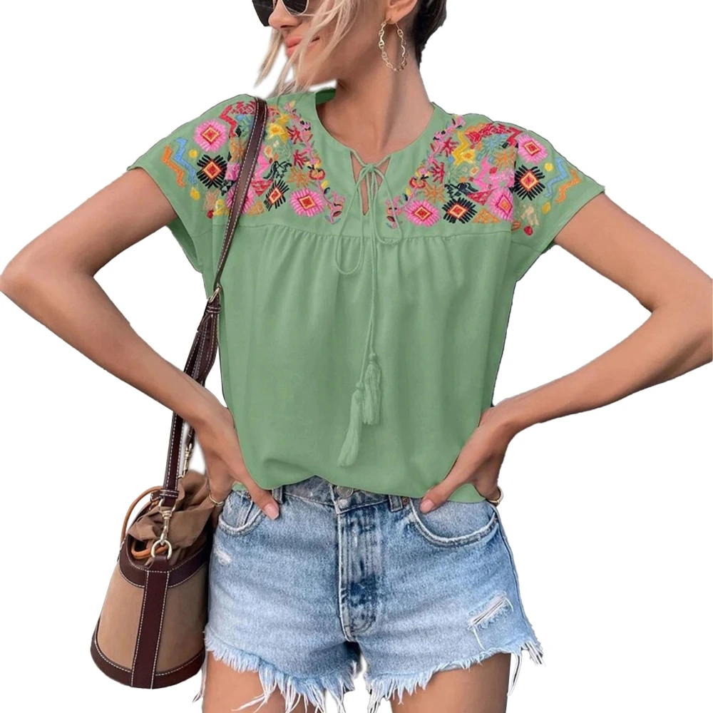 Women Short Sleeve Embroidered Blouse Tops Summer Fashionable Vintage Tassel Lace Up Women Short Sleeve Casual Blouse Green M