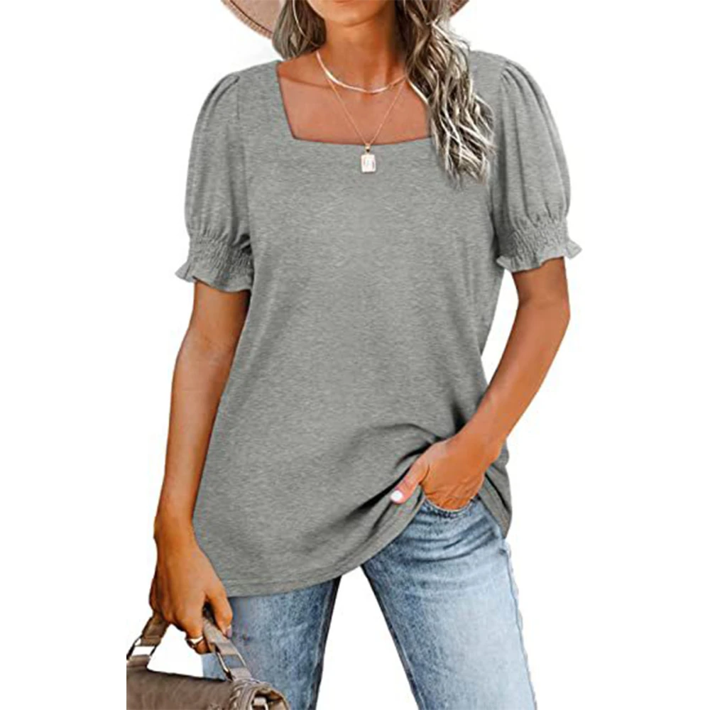 Women Square Neck Short Sleeve Top Shirred Plain Pattern Loose Soft Breathable Summer T Shirt Gray XXL