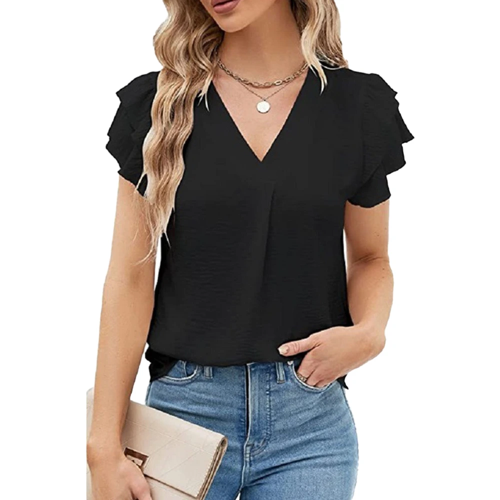 V Neck Ruffle Top Double Layered Short Sleeve Slim Fitted Pure Color Blouse Shirt for Lady Summer Black XL