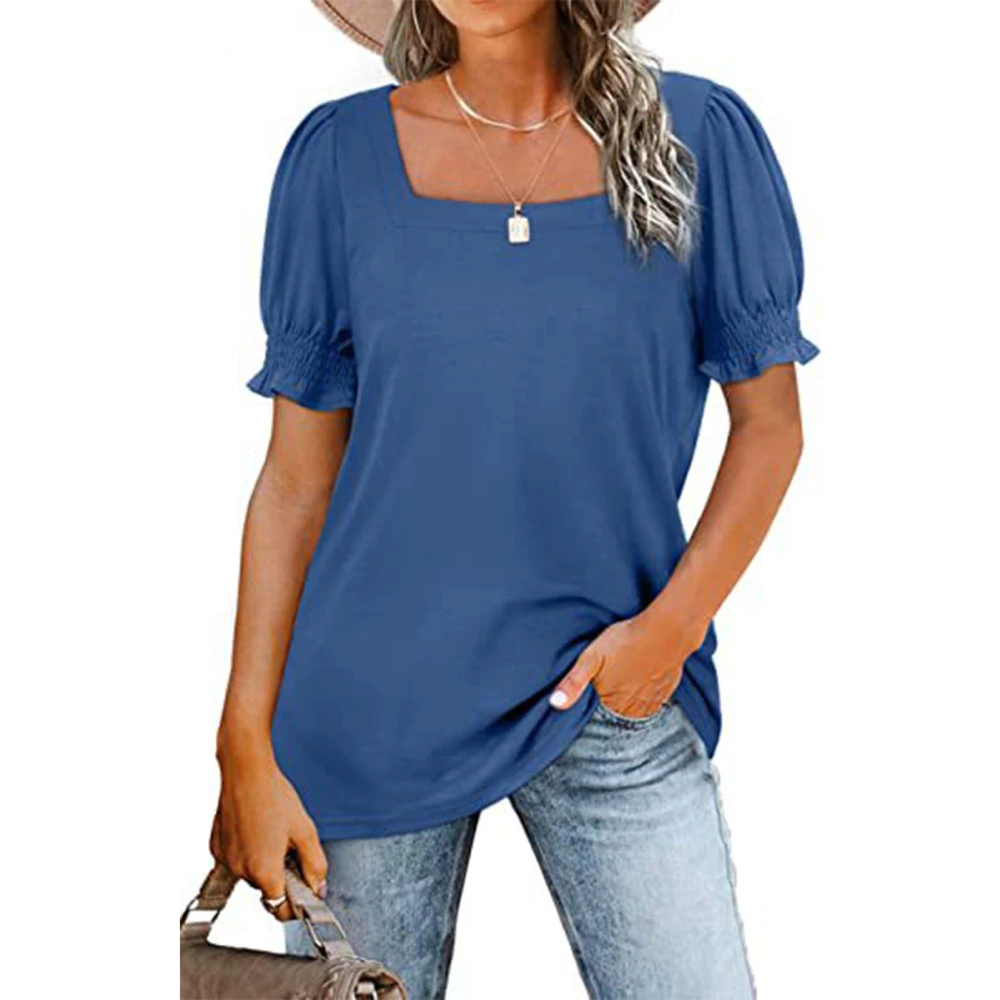 Women Square Neck Short Sleeve Top Shirred Plain Pattern Loose Soft Breathable Summer T Shirt Blue L