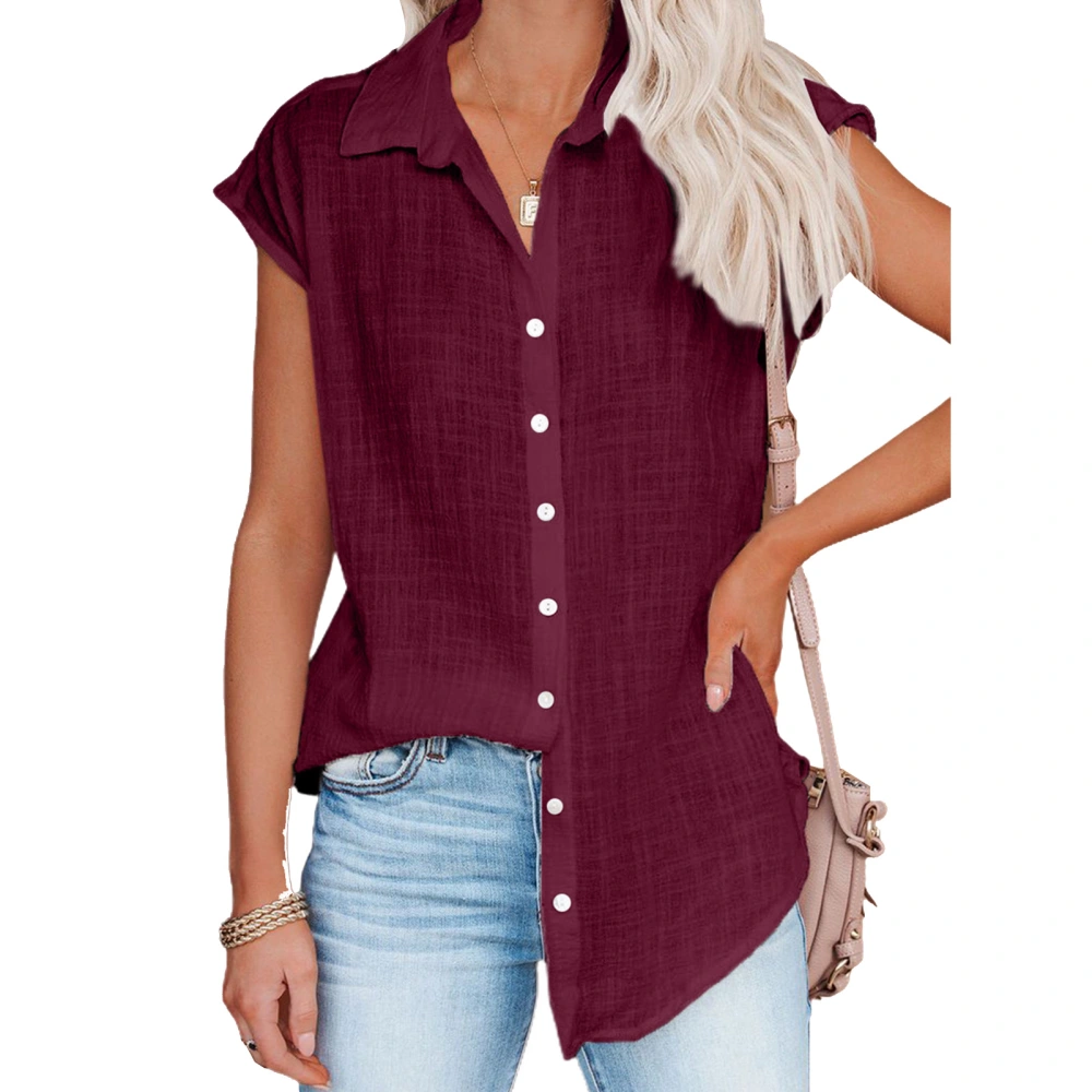 Women Button Up Shirt Short Sleeve Pure Bright Color Loose Casual Women Short Sleeve Blouse for Outing Office Party Wine Red S