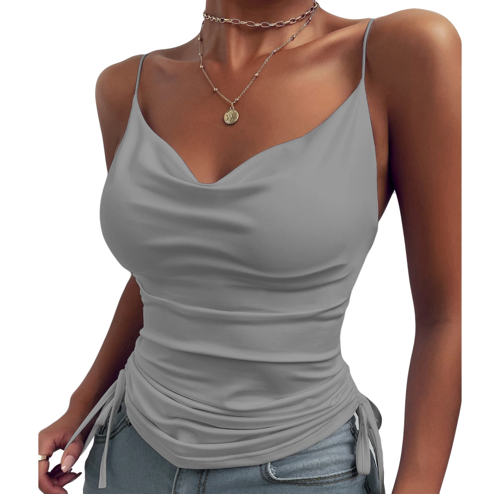 Women Slim Fit Deep V Neck Camisole Tank Top Plain Color Drawstring Spaghetti Strap Sleeveless Shirt Grey XL