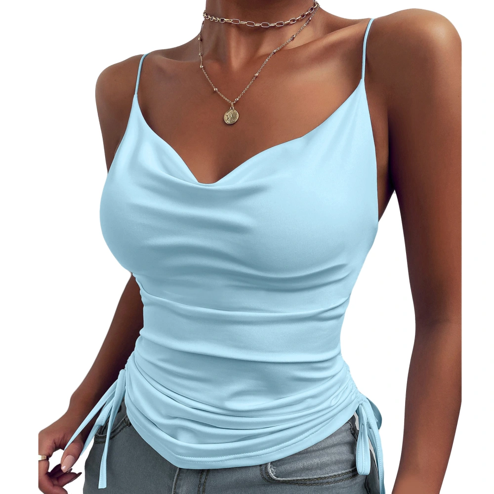 Women Slim Fit Deep V Neck Camisole Tank Top Plain Color Drawstring Spaghetti Strap Sleeveless Shirt Skyblue XXL