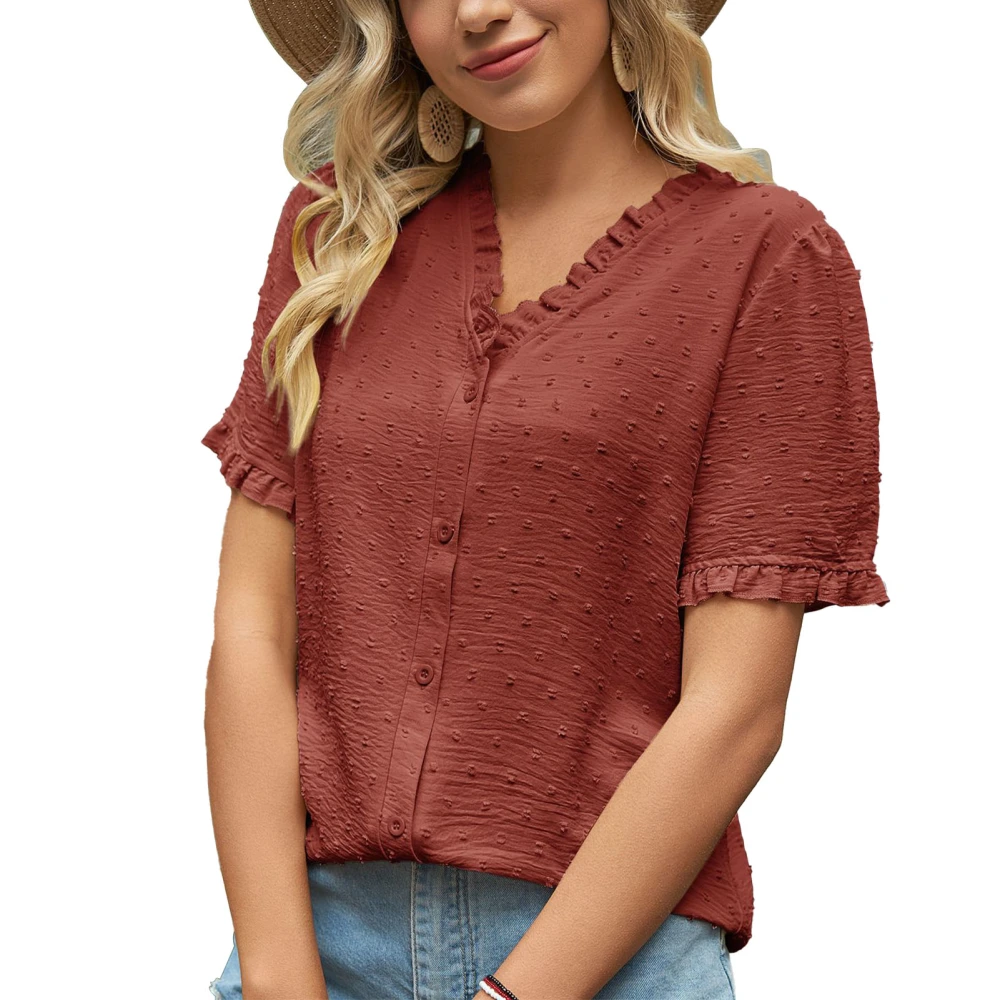 Women Short Sleeve Blouse Top V Neck Ruffle Button Fashionable Short Sleeve Blouse for Working Red S