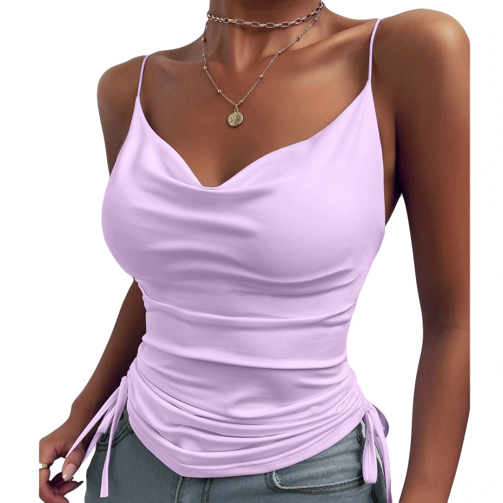 Women Slim Fit Deep V Neck Camisole Tank Top Plain Color Drawstring Spaghetti Strap Sleeveless Shirt Light Purple XXL