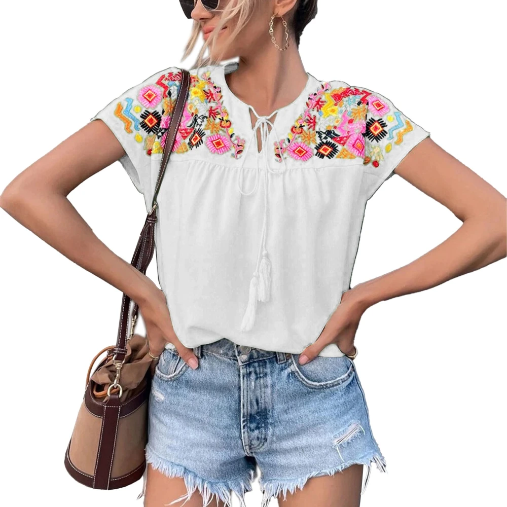 Women Short Sleeve Embroidered Blouse Tops Summer Fashionable Vintage Tassel Lace Up Women Short Sleeve Casual Blouse White XXL