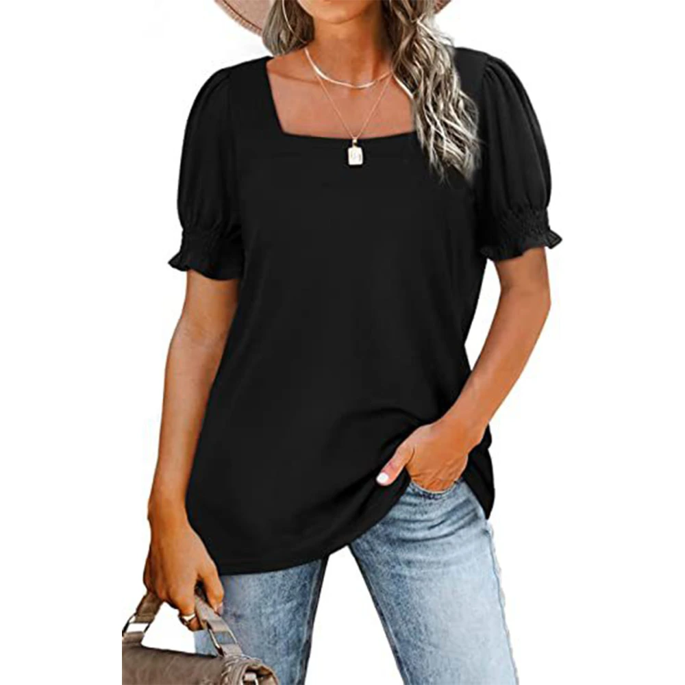 Women Square Neck Short Sleeve Top Shirred Plain Pattern Loose Soft Breathable Summer T Shirt Black L