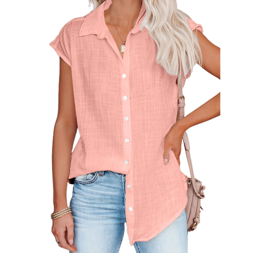 Women Button Up Shirt Short Sleeve Pure Bright Color Loose Casual Women Short Sleeve Blouse for Outing Office Party Pink M