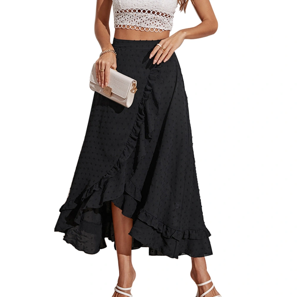 High Waist Skirt Women Elegant Pure Color Back Zipper Ruffle Wrap Hem Midi Skirt for Cocktail Party Black L