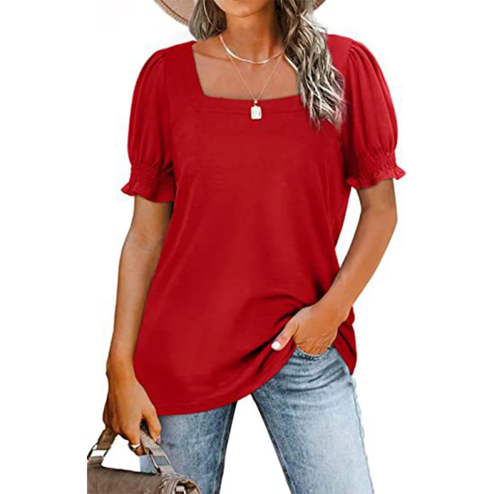 Women Square Neck Short Sleeve Top Shirred Plain Pattern Loose Soft Breathable Summer T Shirt Red XL