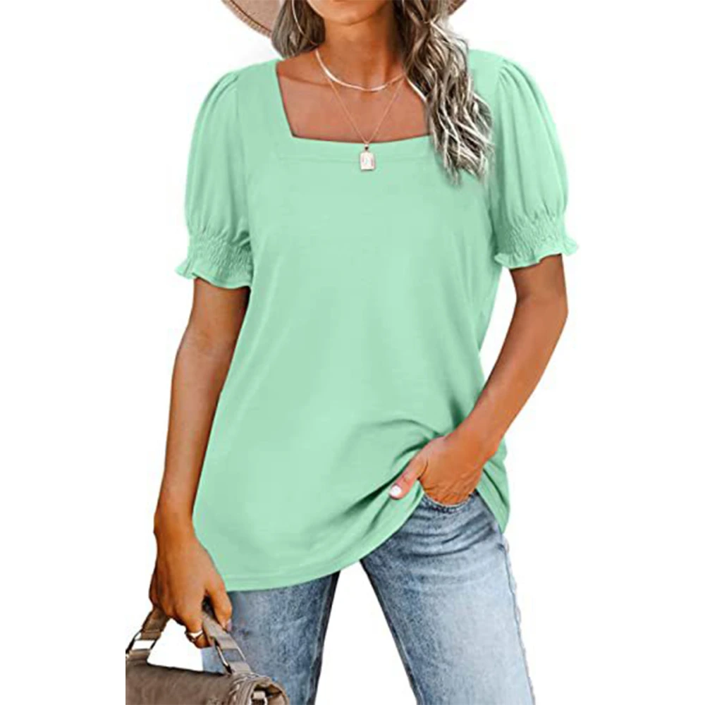 Women Square Neck Short Sleeve Top Shirred Plain Pattern Loose Soft Breathable Summer T Shirt Light Green L