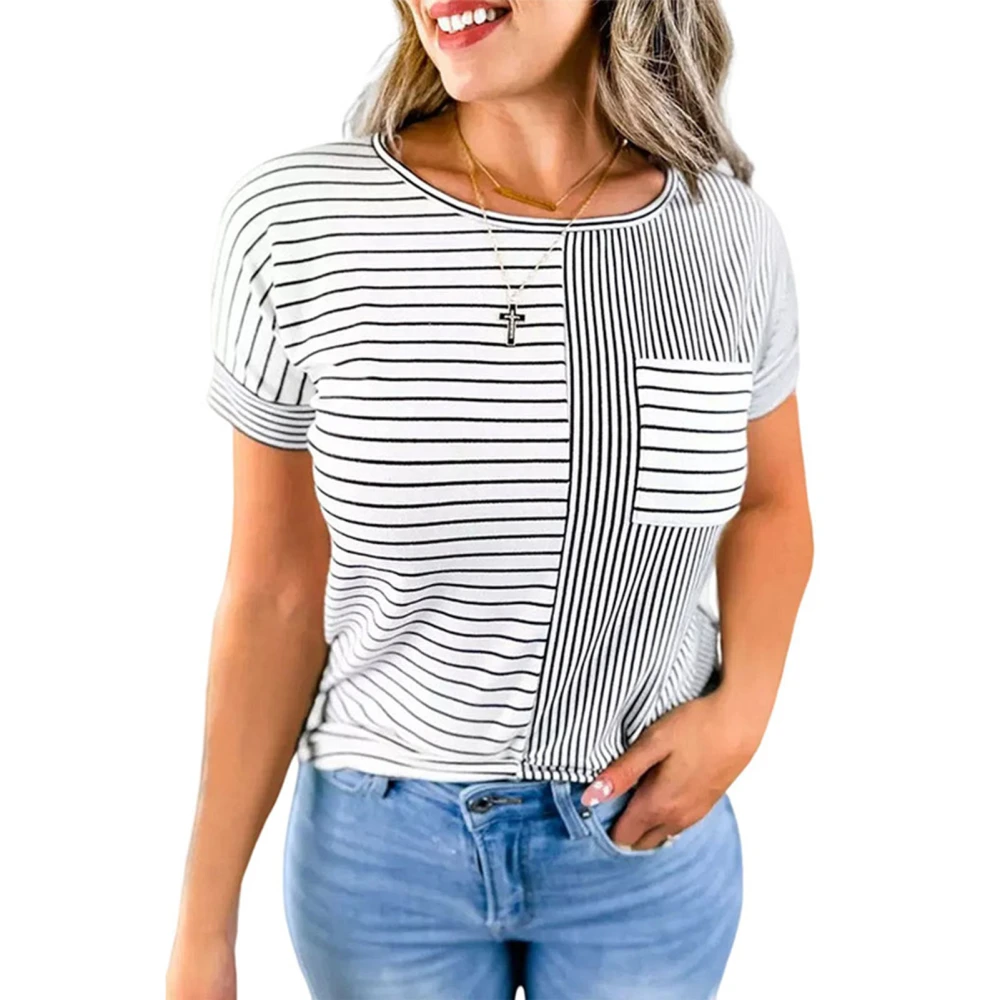 Women T Shirt Short Sleeve Strip Pattern Crew Neck Comfortable Top for Summer Travel PWW067-Strip XL